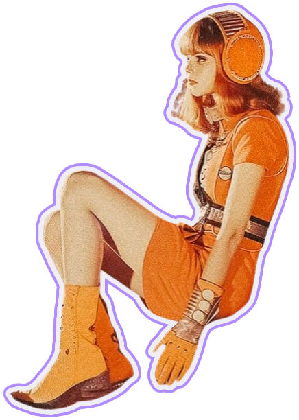 Woman in an orange space suit and headphones sitting on a moon rock
